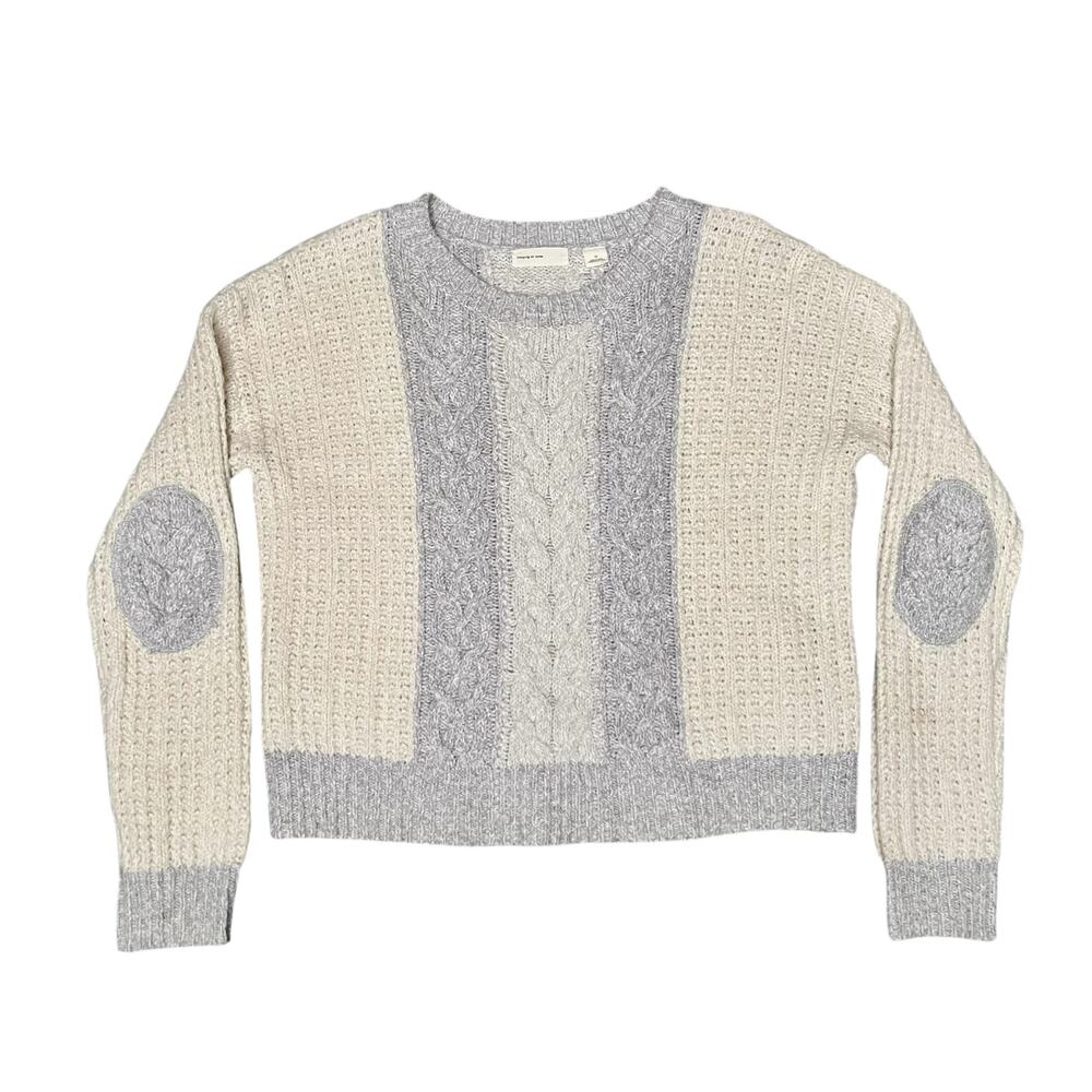 Anthropologie Sleeping on Snow Chenille Cable Knit Sweater M Cream Gray Pullover